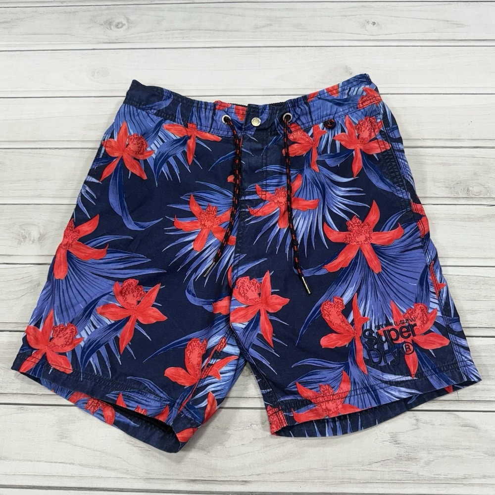 Superdry Swim Trunks Mens XL Blue Red Floral AOP Sport Shorts Bathing Suit